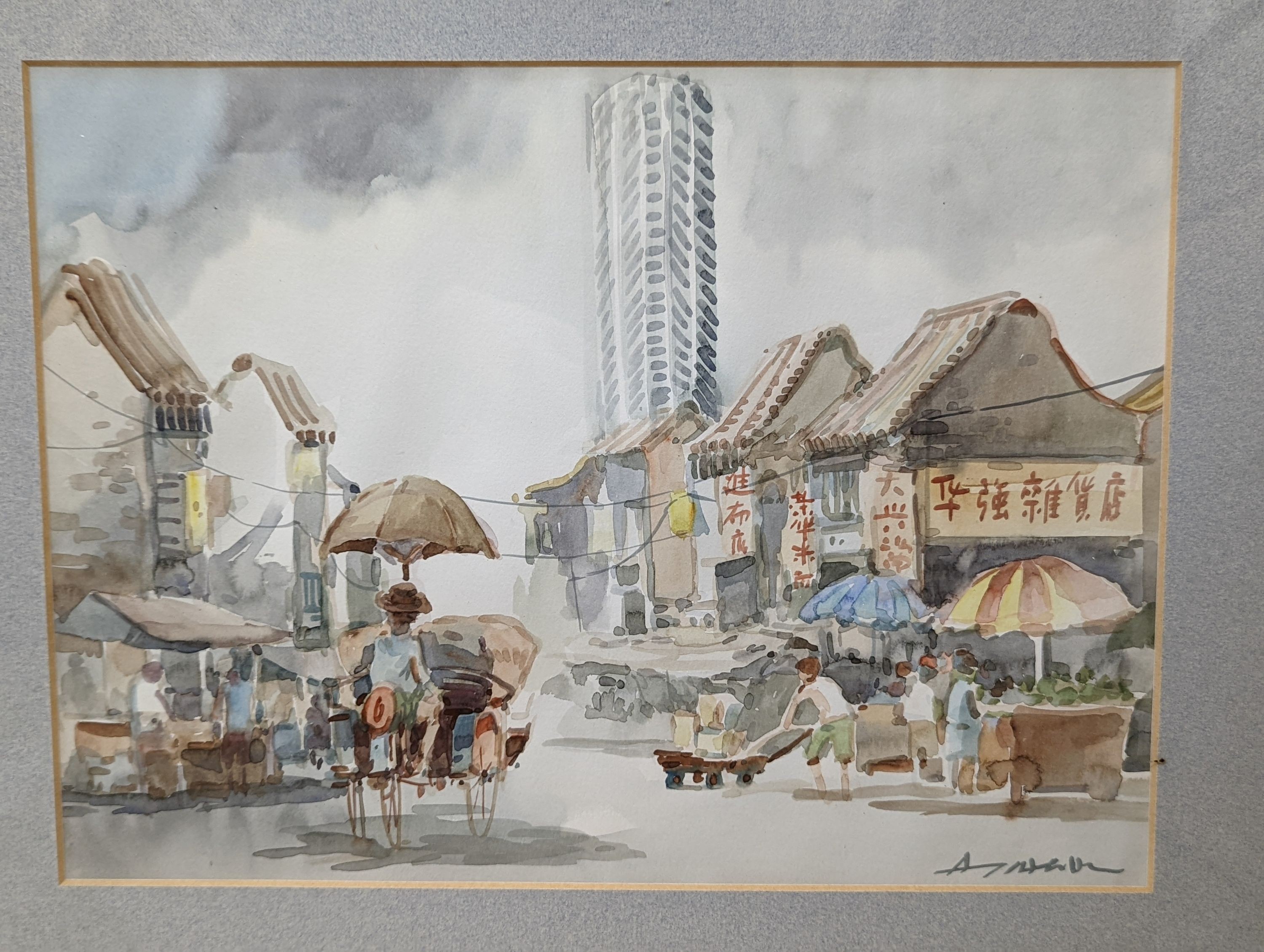 Asian School, pair of watercolours, Rice planters and Market scene, indistinctly signed, 26 x 35cm